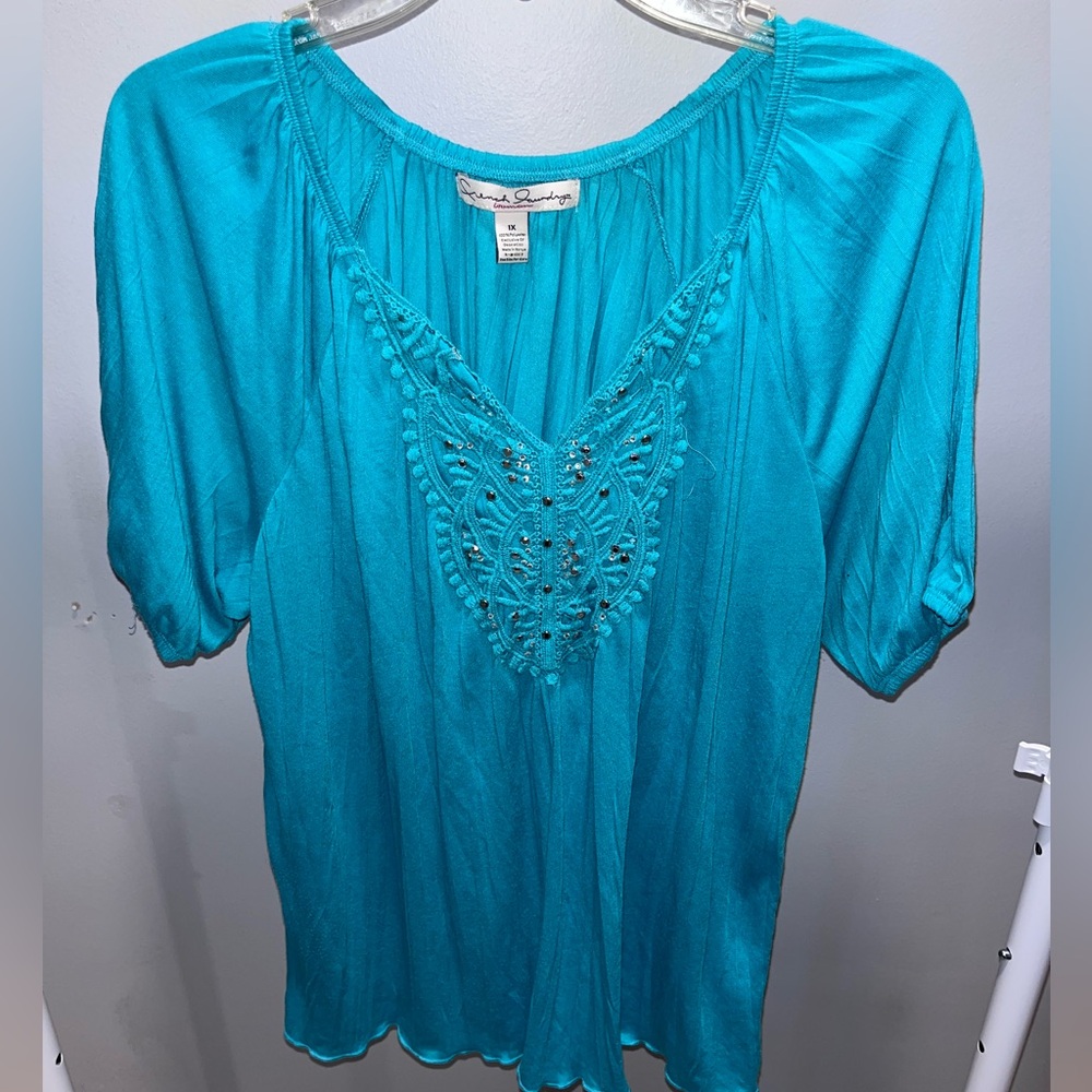 Amanda Smith Teal Embroidered Blouse